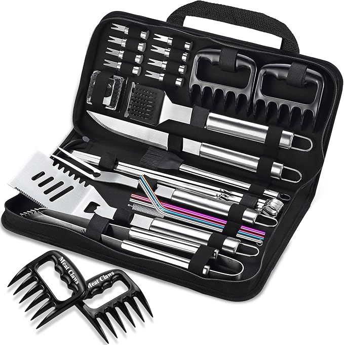 ROMANTICIST 27pcs Heavy Duty Grilling Gifts for Men Dad Fathers Day, Extra Thick BBQ Accessories Tools Set, Stainless Steel Grill Utensils Kit with Meat Claws,Canvas Bag for Outdoor Camping Silver