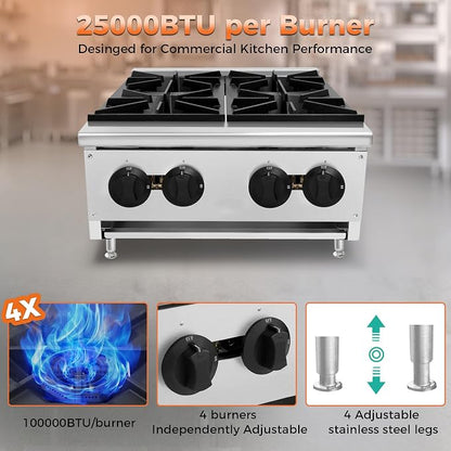 Commercial Gas Countertop Burner Stove,Natural Propane Convertible Hot Plate with Independent Controls,Standing Pilot Ignition,Cast Iron Grates,Adjustable Legs for Kitchen Food Truck (Silver,4 Burner)