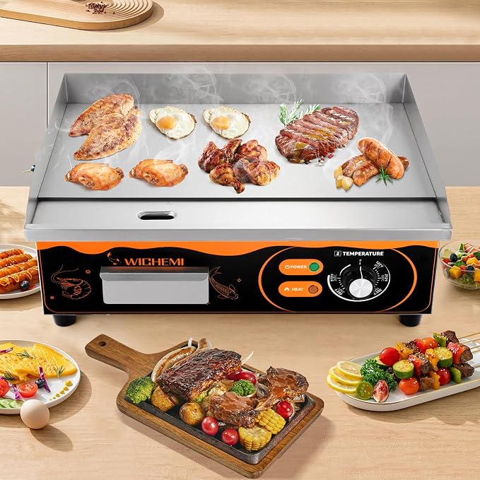 WICHEMI Electric Grill Commercial Griddle Flat Top Grill Teppanyaki Grill | 22" Stainless Steel Electric Griddle, 110V 3000W High Power, Large Cooking Surface, Non-Stick, Collect Grease For Cleanup