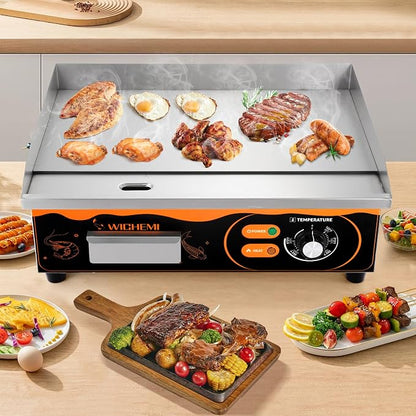 WICHEMI Electric Grill Commercial Griddle Flat Top Grill Teppanyaki Grill | 22" Stainless Steel Electric Griddle, 110V 3000W High Power, Large Cooking Surface, Non-Stick, Collect Grease For Cleanup