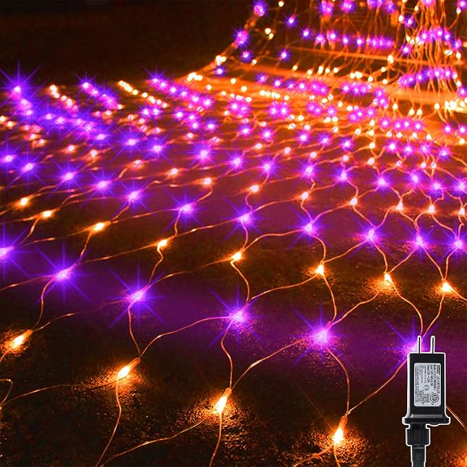 WATERGLIDE Outdoor Halloween Net Lights, 12FT x 5FT 360 LED Fairy String Light with 8 Lighting Modes, Connectable Light Safe Adaptor for Garden Tree Bushes Holiday Party Decorations, Orange & Purple