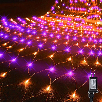 WATERGLIDE Outdoor Halloween Net Lights, 12FT x 5FT 360 LED Fairy String Light with 8 Lighting Modes, Connectable Light Safe Adaptor for Garden Tree Bushes Holiday Party Decorations, Orange & Purple