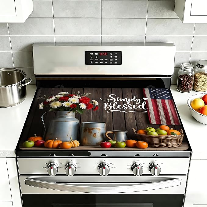 Electric Stove Top Cover,Farmhouse Flowers Stove Cover for Glass Top Electric Stove,American Flag Heat Resistant Flat Top Stove Mat Countertop Protector, 28 x 20 Inch