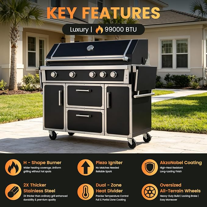 49" Stainless Steel Propane Gas Grill, 4 Burners & Infrared Burner, Black | 304 stainless steel 99,000 BTU Infrared burner Versatile cooking space Storage drawers Warming rack Versatile cooking space