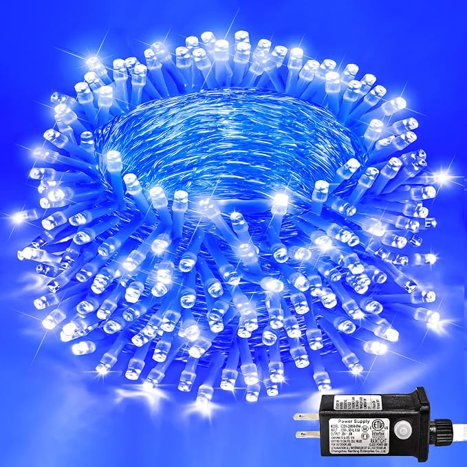 82FT 250 LED Outdoor String Lights, Blue Christmas Lights Indoor | Plug in Waterproof 8 Modes Clear Wire String Twinkle Lights for Bedroom Outside Patio Yard Xmas Party Holiday Decorations