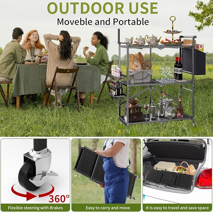 DTUQYX Foldable Outdoor Grill Cart with 3-Tier,Grill Cart,Grill Table for Outside with 2 Total Lock Casters，Pizza Oven Stand Table，Rolling BBQ Table and Folding Kitchen Island, Black