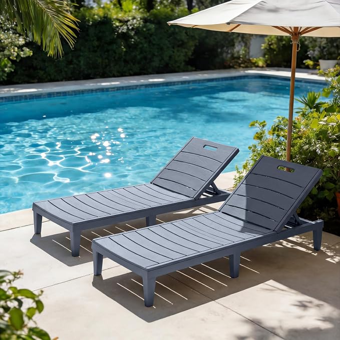 Greesum Outdoor Chaise Lounge Chair Set of 2, Gray | Waterproof 5-Position Adjustable PP Sun Loungers for Patio, Poolside, and Beach Sunbathing