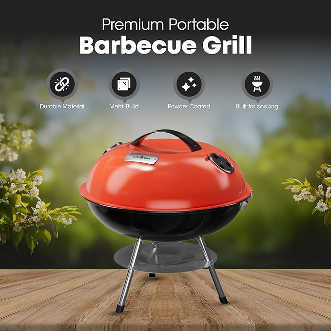 GasOne – Red 14-inch Portable Barbecue Grill with Thermometer - 3-Point Locking Lid for Heat Preservation – Dual Venting System – Small Charcoal Grill for Backyard, Camping, Boat