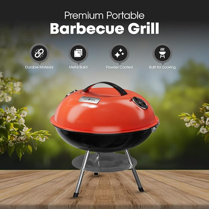 GasOne – Red 14-inch Portable Barbecue Grill with Thermometer - 3-Point Locking Lid for Heat Preservation – Dual Venting System – Small Charcoal Grill for Backyard, Camping, Boat