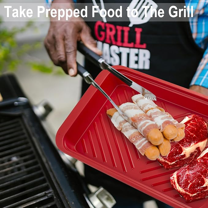 KAQAHIDO Grilling Bamboo Prep and Serving Tray, Dishwasher-Safe | BBQ Platter for Raw Meat Marinating and Finished Cooked Food, Melamine Serving Tray, Set of 2, Cleaning Pack Included