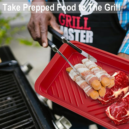 KAQAHIDO Grilling Deep Prep and Serve Trays, BBQ Platter for Raw Meat Marinating and Finished Cooked Food, Melamine Serving Tray, Set of 2, Cleaning Pack Included