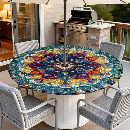 Outdoor Tablecloth with Umbrella Hole and Zipper Fits 32-36" Tables | Waterproof Round Fitted Tablecloth with Elastic Edge, Wipeable Outdoor Table Cover for Patio, Garden, Picnic