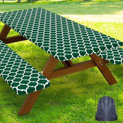 Smiry Picnic Table Cover with Bench Covers, Waterproof Elastic Fitted Tablecloth for 6 Foot Tables, Washable Polyester Tablecloths for Camping, Indoor & Outdoor (Emerald Green, 30x72 Inch 3-pc Set)