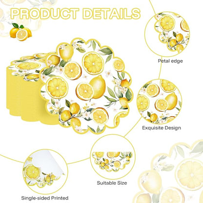 100 Pcs Lemon Paper Placemats Yellow Fruit Place Mats 13.5 Inch Disposable Round Decorative Dining Table Mats with Scalloped Edges Paper Cutouts for Spring Birthday Bridal Wedding Party Supplies