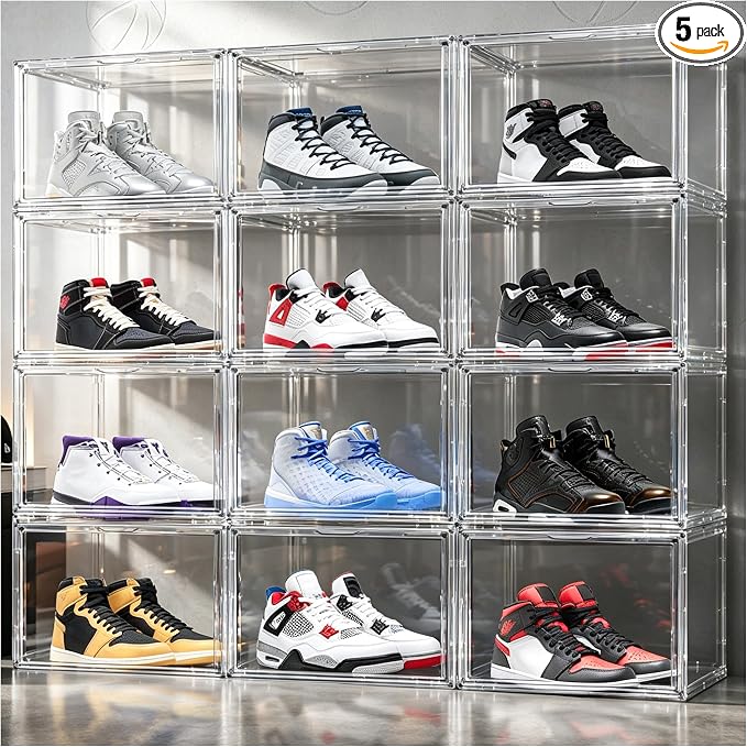 5 Pack Clear High-Top Sneaker Storage Boxes, Acrylic Shoe Organizer | Extra height 10.6'' for high-top sneakers & athletic footwear Size 11.Stackable display design keeps collections organized