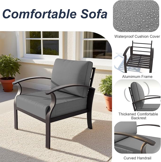 ALAULM Aluminum Patio Furniture Set with Coffee Table Rectangular, 9-seat Outdoor Sectional Furniture w/Swivel Chairs and 2 Ottomans, Patio Conversation Set for Porch, Backyard, Poolside-Grey
