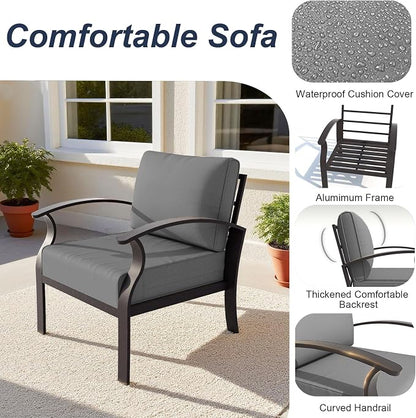 ALAULM Aluminum Patio Furniture Set with Coffee Table Rectangular, 9-seat Outdoor Sectional Furniture w/Swivel Chairs and 2 Ottomans, Patio Conversation Set for Porch, Backyard, Poolside-Grey