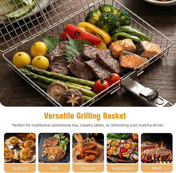 Grill Basket for Outdoor with Removable Handle,Stainless Steel BBQ Camping Cooking Accessories Tools for Meat Steak Fish Vegetable Shrimp, Gifts for Men Dad Husband