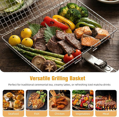 Grill Basket for Outdoor with Removable Handle,Stainless Steel BBQ Camping Cooking Accessories Tools for Meat Steak Fish Vegetable Shrimp, Gifts for Men Dad Husband