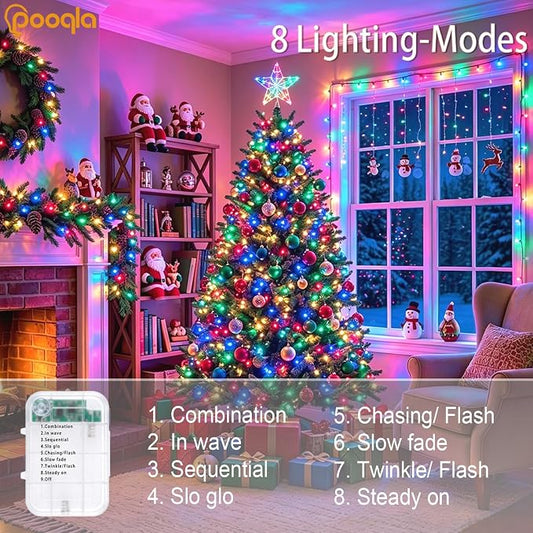 Pooqla 2 Pack String Lights Battery Operated, Total 66.6ft 200 LED Fairy Lights Indoor Outdoor Decorations, 8 Modes Colorful Battery Christmas Lights for Bedroom Classroom Porch Party Yard Decor
