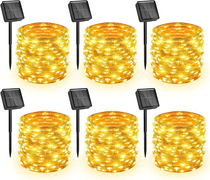 Solar String Lights, 6 Packs Total 198Ft 600 LED Fairy Lights Warm White | IP65 Waterproof Twinkle Lights with 8 Modes, Patio Lights for Tree Outside Patio Yard Party Wedding Christmas Decoration