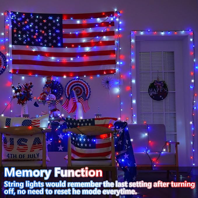 YEGUO Red White and Blue String Lights, 66ft 200 LED 4th of July Lights Outdoor Waterproof, 8 Modes Green Wire Patriotic Lights Plug in for Indoor Independence Memorial Day