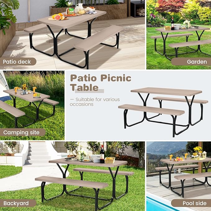 Metal Picnic Table with 2 Benches, Brown