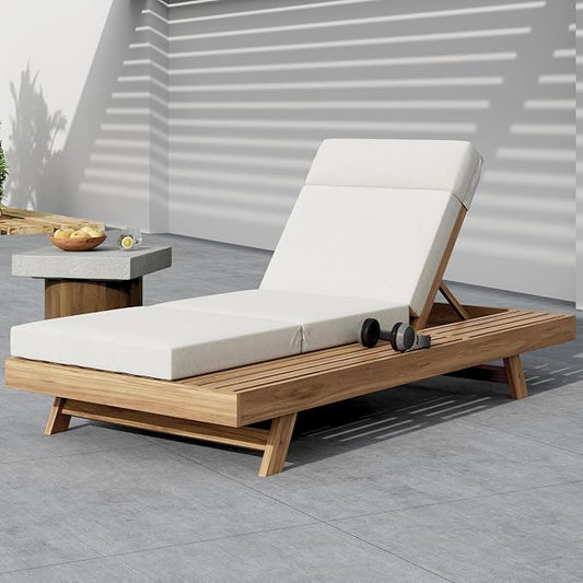 Christopher Knight Home Dami Chaise Lounge Chair Outdoor with 4'' Foldable Cushion, Acacia Wood Poolside Sun Lounger, Space Available On One Side, Adjustable Backrest Pool Lounger, Light Brown+Cream