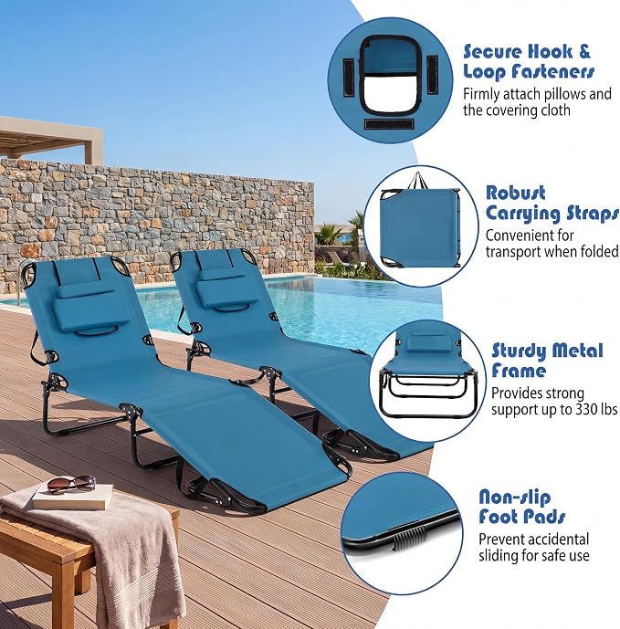 Goplus Tanning Chair, Folding Beach Lounge Chair w/Face Hole, 330LBS Capacity, Removable Pillow, Carry Strap, Adjustable Sunbathing Chair, Patio Chaise Lounger for Outside Lawn Pool Adult