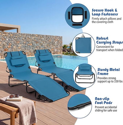 Goplus Tanning Chair, Folding Beach Lounge Chair w/Face Hole, 330LBS Capacity, Removable Pillow, Carry Strap, Adjustable Sunbathing Chair, Patio Chaise Lounger for Outside Lawn Pool Adult
