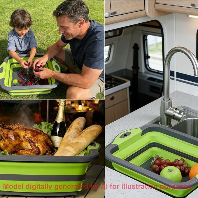 3-in-1 Folding Camping Cutting Board, Collapsible BBQ Prep Tub with Lid | Foldable Camping Chopping Board, PP+TPR Material Cutting Board, Folds to 1.5 Inch Slim for RV Camping & Small Kitchen (Green)