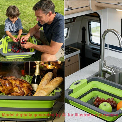 3-in-1 Folding Camping Cutting Board, Collapsible BBQ Prep Tub with Lid | Foldable Camping Chopping Board, PP+TPR Material Cutting Board, Folds to 1.5 Inch Slim for RV Camping & Small Kitchen (Green)