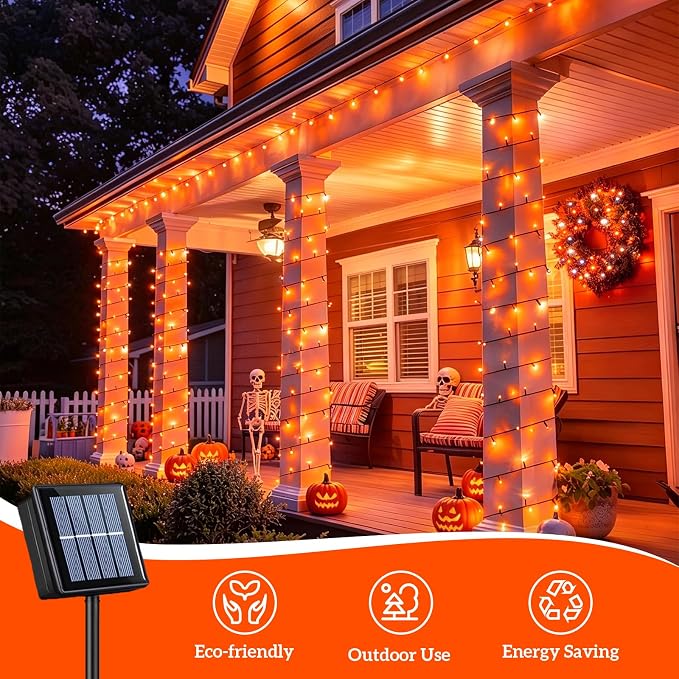 QITONG Solar Halloween String Lights, 2 Pack Each 33ft 100 LED Orange Fairy Lights Outdoor Waterproof, Green Wire Twinkle Light with 8 Modes for Outside Halloween Party Decor