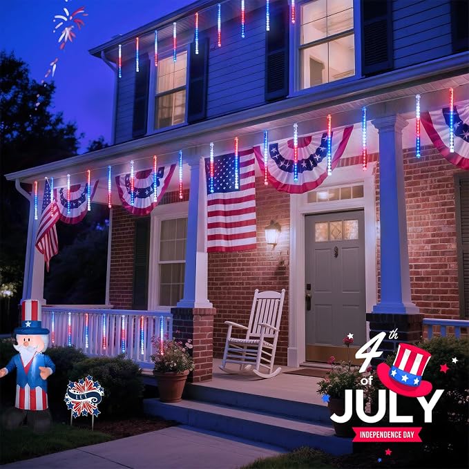 JMEXSUSS Red White and Blue Solar Lights, 8 Tube 144 LEDs | Patriotic Solar Meteor Shower Lights Waterproof for Independence Day, Gardens, Tree, Outdoor 4th of July Decorations