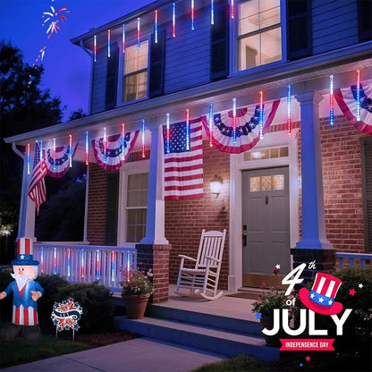 JMEXSUSS Red White and Blue Solar Lights, 8 Tube 144 LEDs | Patriotic Solar Meteor Shower Lights Waterproof for Independence Day, Gardens, Tree, Outdoor 4th of July Decorations