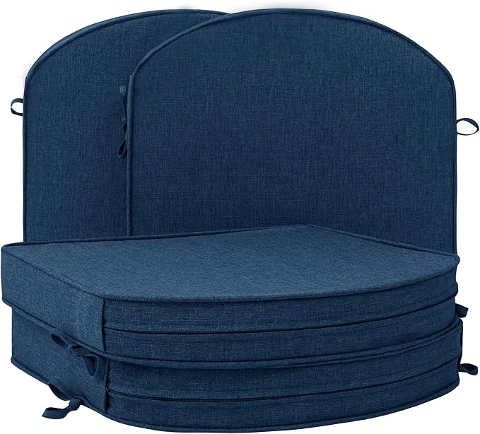Outdoor Chair Cushions D Shaped, Set of 4, 17 x 16 Inch, Navy Blue | Water Resistant, Fade Resistant, Patio Furniture Seat Chair Pads Replacement with Ties, Non-Slip Bottom, Removable Cover