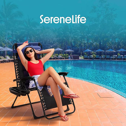 SereneLife Oversized Padded Zero Gravity Lounge Chair, Foldable Outdoor Patio Recliner, Anti Gravity Lawn Recliner with Cup Holder and Side Table for Backyard, Camping, Beach or Outdoor Relaxation