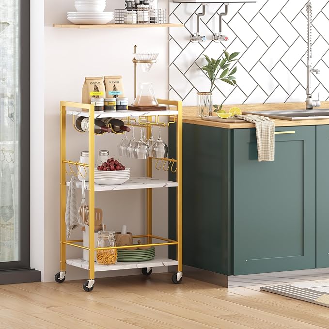TUTOTAK Bar Cart with Wheels, Mini Drink Cart with Wine Rack & Glass Holder | 3-Tier 17 Inch Wide Home Bar Serving Carts, Small Mobile Kitchen Shelf with 6 Hooks, Marble Gold BC01BMG035