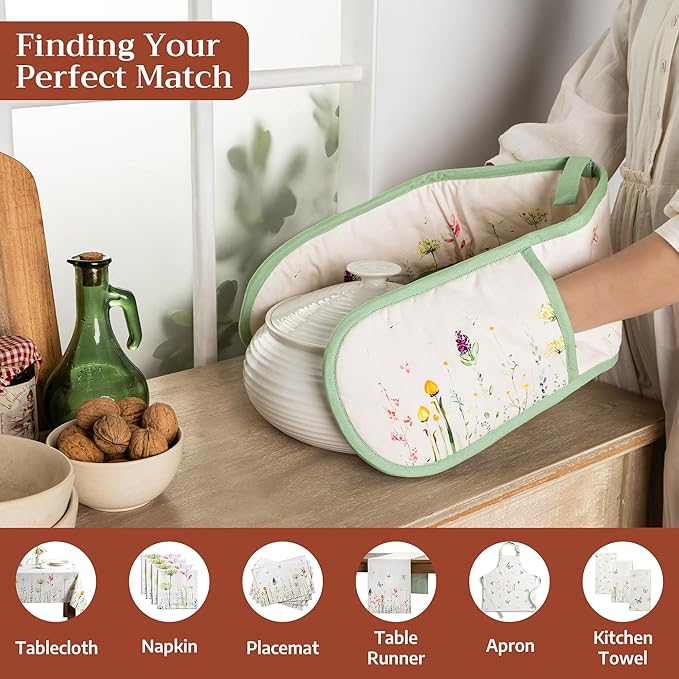 Maison d' Hermine Double Oven Mitts 100% Cotton 7"x35" Double Oven Mitt Heat Resistant BBQ Cooking Gloves with Loop Baking Grilling Kitchen Hotel Home Farmhouse Spring Summer (Botanical Fresh)