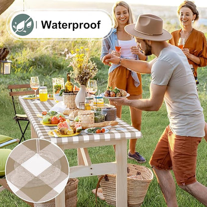 Buffalo Rectangle Picnic Tablecloth, 5 Foot Elastic Fitted Vinyl Table Cloth with Flannel Backing, Waterproof Plaid Table Covers for Dining, Camping, Outdoor (Khaki and White, 36" x 60")