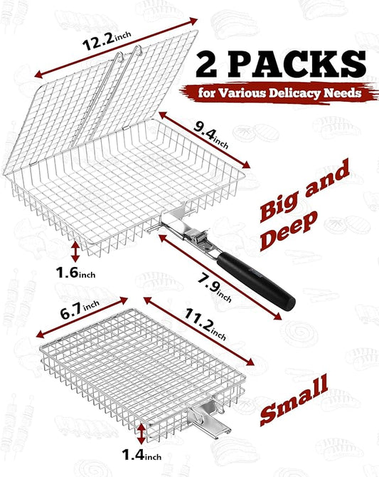 Nesting Grill Baskets, 2PCS Grilling Baskets for Outdoor with Removable Handle, Stainless Steel BBQ Camping Cooking Accessories Tools for Meat Steak Fish Vegetable Shrimp, Gifts for Men Dad Husband