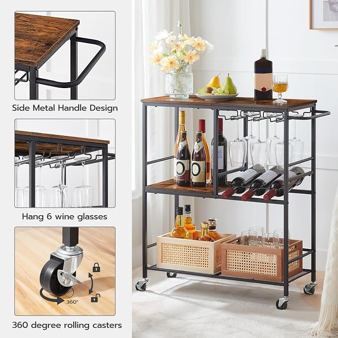 HOOBRO Bar Cart for The Home, 29.5 inches 3-Tier Serving Cart with Wheels, Rolling Kitchen Cart with Wine Rack and Glass Holder for Living Room, Party, Bar, Rustic Brown and Black BF21TC01G1