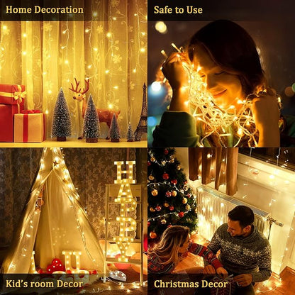 JMEXSUSS 33ft 100 LED Warm White Christmas Lights Outdoor, Battery Power String Lights Waterproof, Twinkle Fairy Mini Lights with 8 Modes Remote Indoor (Pack of 2)
