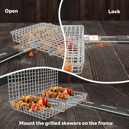 Grill Baskets Fish Grilling Rack for Outdoor Grill with Removable Handle, Come with Basting Brush Food Tongs & 5x BBQ Skewers