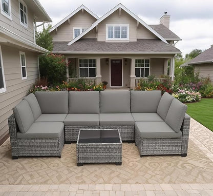 MOCHITO 7 Pieces Outdoor Patio Furniture Sets, All-Weather Sectional Sofa Grey PE Rattan Wicker Conversation Set with Glass Table and Washable Grey Cushions for Backyard,Sunroom,Garden,Porch