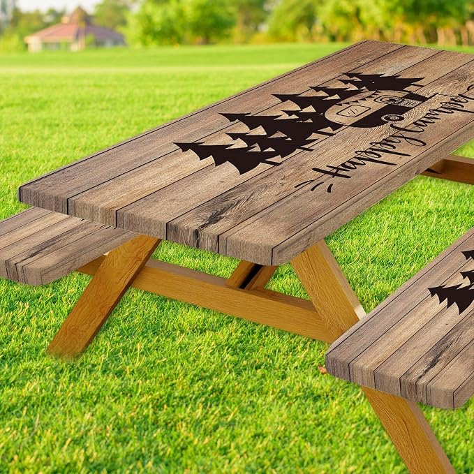 Picnic Table Cover with Bench Covers Camping Essentials Waterproof Windproof Camping Tablecloth with Elastic Edges, Fitted Rectangle Tables and Seats, 30x72in