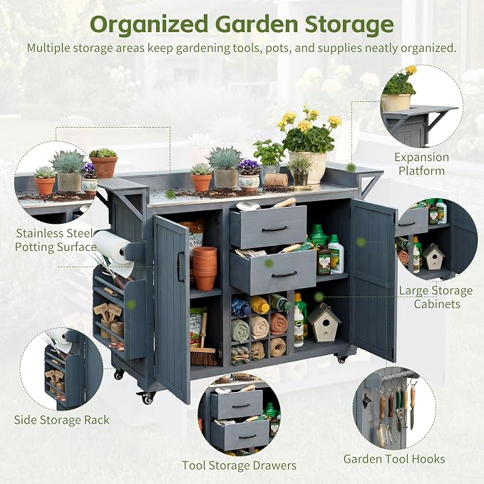 60.2''W Outdoor Kitchen Island with Wheels, Solid Fir Wood Kitchen Cart Grill Cart with Stainless Steel Top, Spice Rack, Wine Rack, 2 Bottom Cabinets with Adjustable Shelves, 2 Drawers (Gray-117)