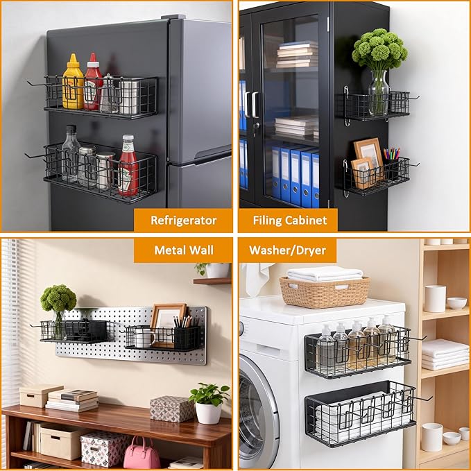 2 Pack of Magnetic Storage Basket, Heavy Duty Metal Magnetic Organizer for Fridge/Traeger Grills/Washer, 5KG Load-Bearing Magnetic Pen Holder/Spice Rack