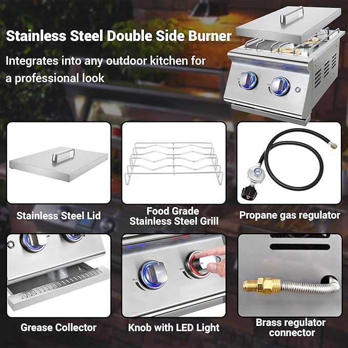 Double Grilling Side Burners for Outdoor Kitchen, 2 * 17,000BTU Liquid Propane Burners, Convertible to Natural Gas, Duty Heavy 304 Stainless Steel, Built-in Side Burner for BBQ Island Grill