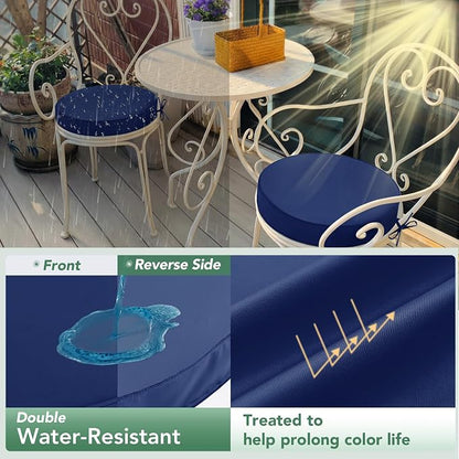 Summsun Outdoor Bistro Chair Cushions Set of 2, 15" D x 3" H Round Chair Cushions Waterproof and Fade Resistant Chair Cushion Pads with Non-Slip Ties and Removable Covers for Garden, Navy Blue